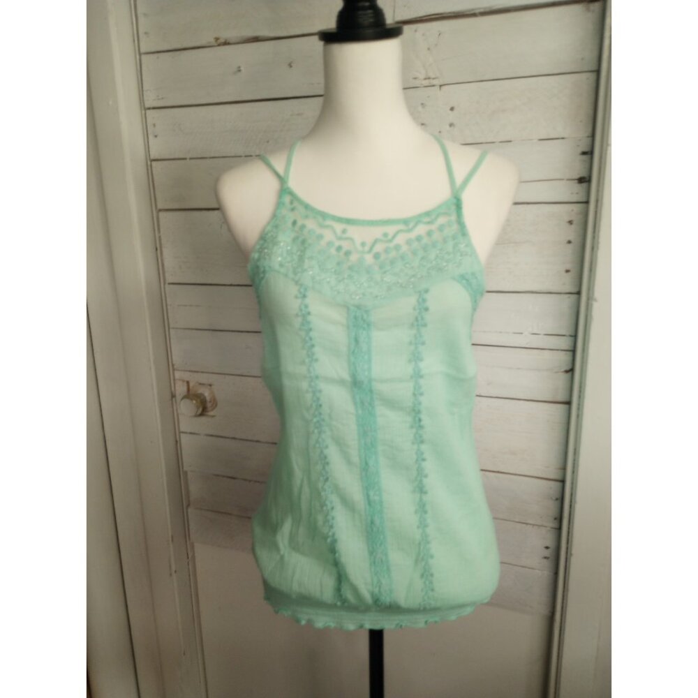 Forgotten Grace Eyelet Lace Tank Top Green Women's Large Boho Vacation